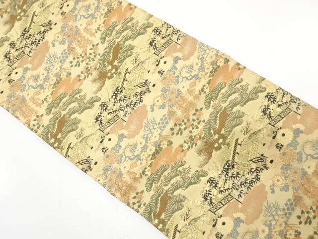 JAPANESE KIMONO / ANTIQUE MARU OBI / WOVEN PINE & KIKU WITH MANSION